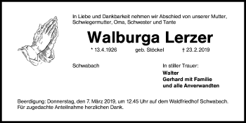 Traueranzeige von Walburga Lerzer von Schwabach