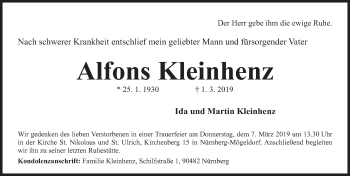 Traueranzeige von Alfons Kleinhenz von Gesamtausgabe Nürnberger Nachrichten/ Nürnberger Ztg.
