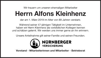 Traueranzeige von Alfons Kleinhenz von Gesamtausgabe Nürnberger Nachrichten/ Nürnberger Ztg.