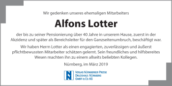 Traueranzeige von Alfons Lotter von Gesamtausgabe Nürnberger Nachrichten/ Nürnberger Ztg.