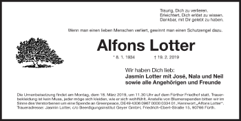 Traueranzeige von Alfons Lotter von Gesamtausgabe Nürnberger Nachrichten/ Nürnberger Ztg.