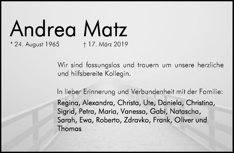  Traueranzeige für Andrea Matz vom 30.03.2019 aus Gesamtausgabe Nürnberger Nachrichten/ Nürnberger Ztg.