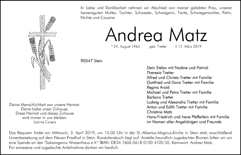  Traueranzeige für Andrea Matz vom 30.03.2019 aus Gesamtausgabe Nürnberger Nachrichten/ Nürnberger Ztg.