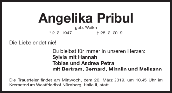 Traueranzeige von Angelika Pribul von Gesamtausgabe Nürnberger Nachrichten/ Nürnberger Ztg.