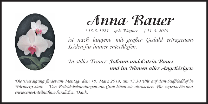  Traueranzeige für Anna Bauer vom 14.03.2019 aus Gesamtausgabe Nürnberger Nachrichten/ Nürnberger Ztg.