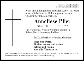 Traueranzeige von Anneliese Plier von Gesamtausgabe Nürnberger Nachrichten/ Nürnberger Ztg.