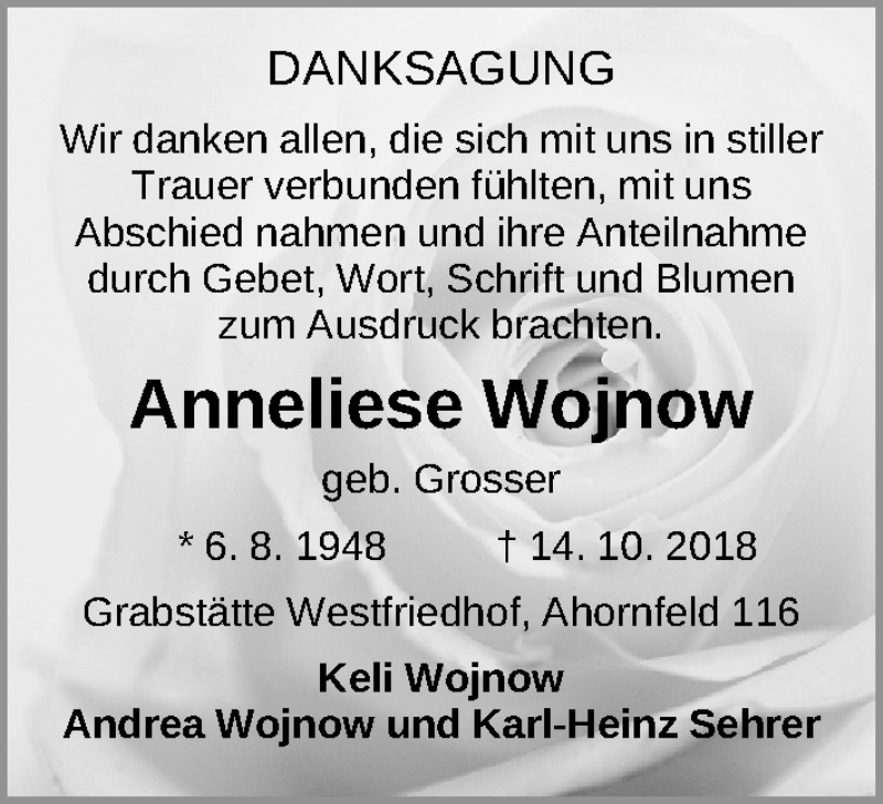  Traueranzeige für Anneliese Wojnow vom 29.03.2019 aus Gesamtausgabe Nürnberger Nachrichten/ Nürnberger Ztg.