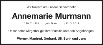 Traueranzeige von Annemarie Murmann von Fürther Nachrichten Lokal