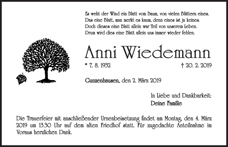  Traueranzeige für Anni Wiedemann vom 02.03.2019 aus Altmühl-Bote Lokal