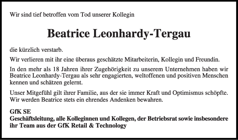  Traueranzeige für Beatrice Leonhardy-Tergau vom 12.03.2019 aus Gesamtausgabe Nürnberger Nachrichten/ Nürnberger Ztg.
