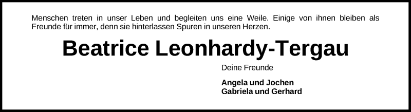  Traueranzeige für Beatrice Leonhardy-Tergau vom 08.03.2019 aus Gesamtausgabe Nürnberger Nachrichten/ Nürnberger Ztg.