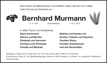 Traueranzeige von Bernhard Murrmann von Fürther Nachrichten Lokal