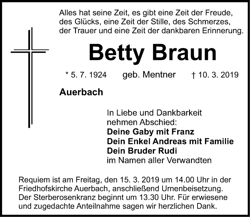  Traueranzeige für Betty Braun vom 12.03.2019 aus Nordbayerische Nachrichten Pegnitz Lokal