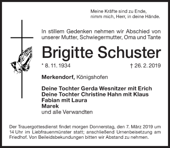 Traueranzeige von Brigitte Schuster von Altmühl-Bote Lokal