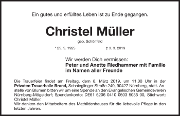 Traueranzeige von Christel Müller von Gesamtausgabe Nürnberger Nachrichten/ Nürnberger Ztg.