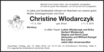 Traueranzeige von Christine Wlodarczyk von Gesamtausgabe Nürnberger Nachrichten/ Nürnberger Ztg.