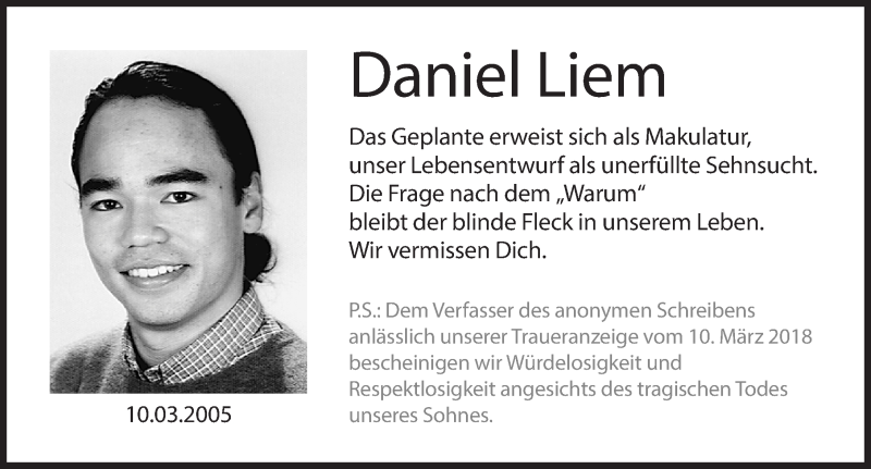  Traueranzeige für Daniel Liem vom 09.03.2019 aus Erlanger Nachrichten Lokal
