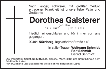 Traueranzeige von Dorothea Galsterer von Gesamtausgabe Nürnberger Nachrichten/ Nürnberger Ztg.