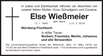 Traueranzeige von Else Wießmeier von Gesamtausgabe Nürnberger Nachrichten/ Nürnberger Ztg.