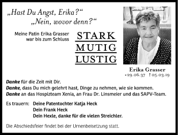 Traueranzeige von Erika Grasser von Gesamtausgabe Nürnberger Nachrichten/ Nürnberger Ztg.