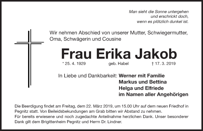  Traueranzeige für Erika Jakob vom 20.03.2019 aus Nordbayerische Nachrichten Pegnitz Lokal
