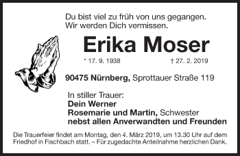 Traueranzeige von Erika Moser von Gesamtausgabe Nürnberger Nachrichten/ Nürnberger Ztg.
