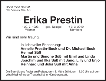 Traueranzeige von Erika Prestin von Gesamtausgabe Nürnberger Nachrichten/ Nürnberger Ztg.