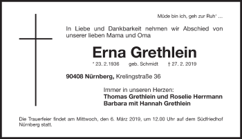 Traueranzeige von Erna Grethlein von Gesamtausgabe Nürnberger Nachrichten/ Nürnberger Ztg.