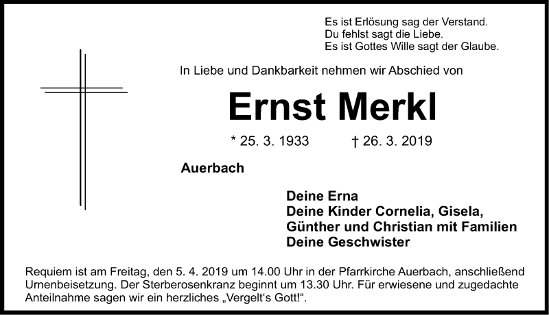 Traueranzeige für Ernst Merkl vom 30.03.2019 aus Nordbayerische Nachrichten Pegnitz Lokal