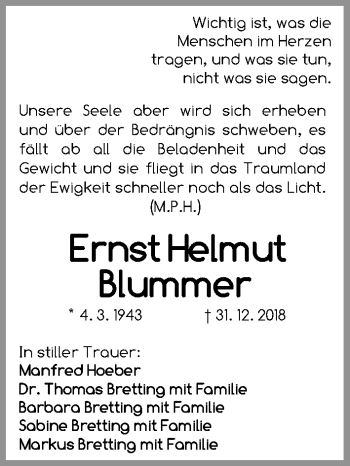 Traueranzeige von Ernst Helmut Blummer von Erlanger Nachrichten Lokal