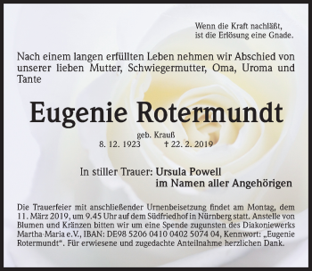Traueranzeige von Eugenie Rotermundt von Gesamtausgabe Nürnberger Nachrichten/ Nürnberger Ztg.