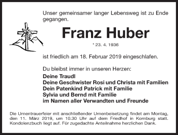 Traueranzeige von Franz Huber von Gesamtausgabe Nürnberger Nachrichten/ Nürnberger Ztg.