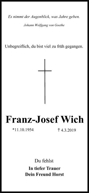Traueranzeige von Franz-Josef Wich von Gesamtausgabe Nürnberger Nachrichten/ Nürnberger Ztg.