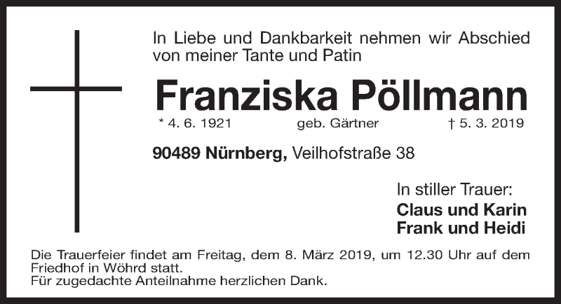  Traueranzeige für Franziska Pöllmann vom 07.03.2019 aus Gesamtausgabe Nürnberger Nachrichten/ Nürnberger Ztg.
