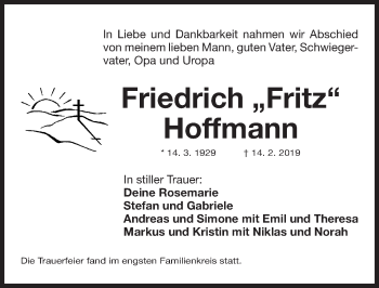 Traueranzeige von Friedrich Hoffmann von Gesamtausgabe Nürnberger Nachrichten/ Nürnberger Ztg.