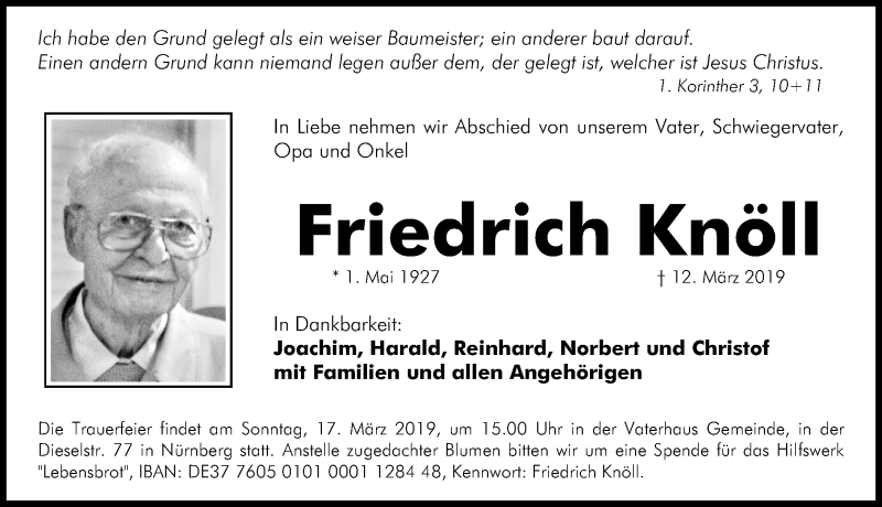  Traueranzeige für Friedrich Knöll vom 14.03.2019 aus Gesamtausgabe Nürnberger Nachrichten/ Nürnberger Ztg.