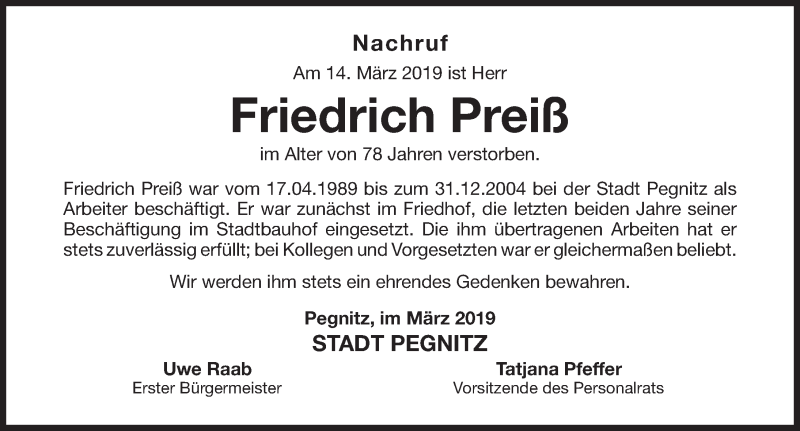  Traueranzeige für Friedrich Preiß vom 20.03.2019 aus Nordbayerische Nachrichten Pegnitz Lokal