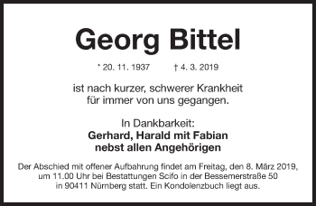 Traueranzeige von Georg Bittel von Gesamtausgabe Nürnberger Nachrichten/ Nürnberger Ztg.
