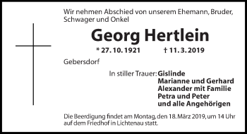 Traueranzeige von Georg Hertlein von Gesamtausgabe Nürnberger Nachrichten/ Nürnberger Ztg.