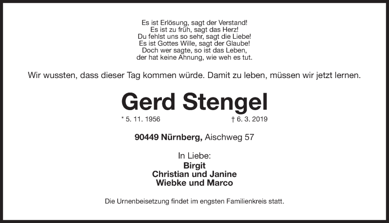  Traueranzeige für Gerd Stengel vom 09.03.2019 aus Gesamtausgabe Nürnberger Nachrichten/ Nürnberger Ztg.