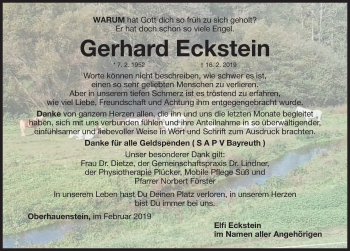 Traueranzeige von Gerhard Eckstein von Nordbayerische Nachrichten Pegnitz Lokal