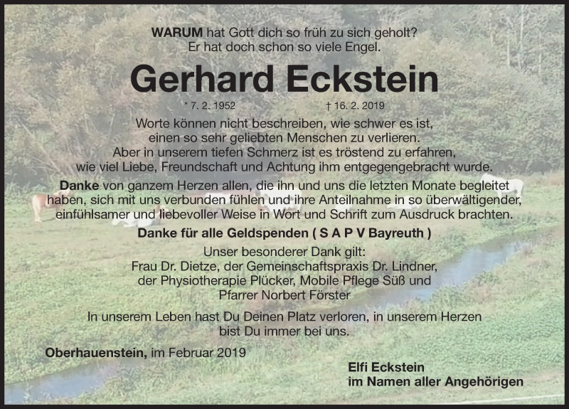  Traueranzeige für Gerhard Eckstein vom 02.03.2019 aus Nordbayerische Nachrichten Pegnitz Lokal