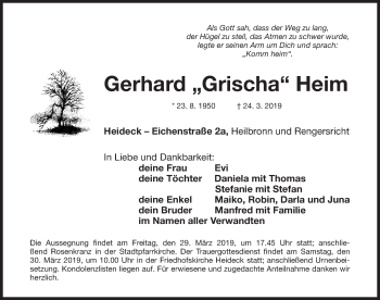 Traueranzeige von Gerhard Heim von Roth-Hilpoltsteiner Volkszeitung Lokal