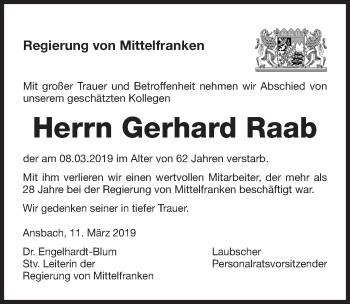 Traueranzeige von Gerhard Raab von Altmühl-Bote Lokal