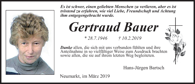  Traueranzeige für Gertraud Bauer vom 02.03.2019 aus Gesamtausgabe Nürnberger Nachrichten/ Nürnberger Ztg./ Neumarkter Nachrichten