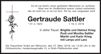 Traueranzeige von Gertraude Sattler von Roth-Hilpoltsteiner Volkszeitung Lokal