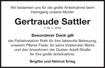 Traueranzeige von Gertraude Sattler von Roth-Hilpoltsteiner Volkszeitung Lokal