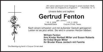 Traueranzeige von Gertrud Fenton von Gesamtausgabe Nürnberger Nachrichten/ Nürnberger Ztg.
