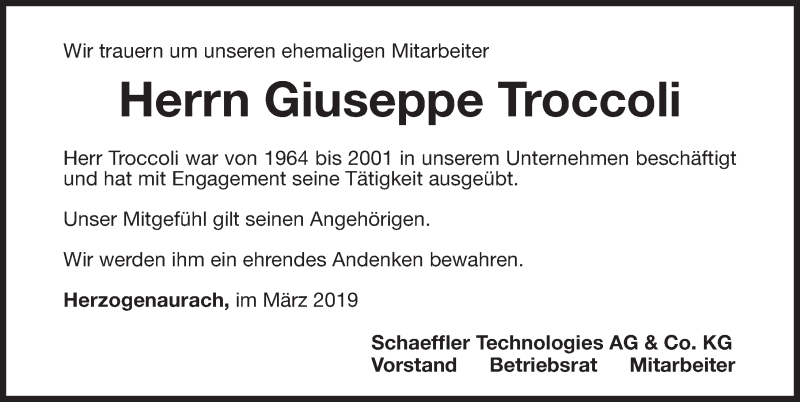  Traueranzeige für Giuseppe Troccoli vom 01.04.2019 aus Nordbayerische Nachrichten Herzogenaurach Lokal