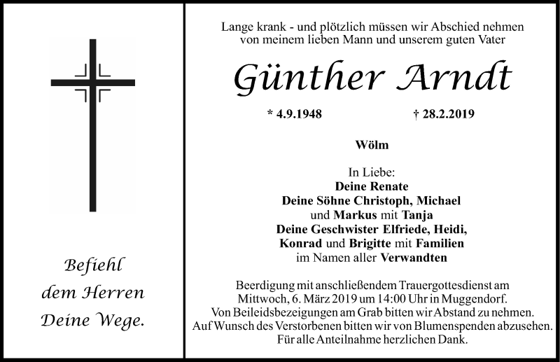  Traueranzeige für Günther Arndt vom 04.03.2019 aus Nordbayerische Nachrichten Forchheim Lokal